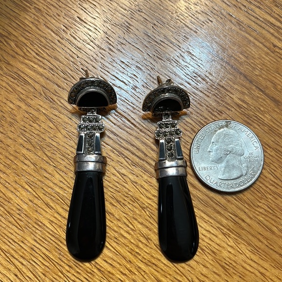 Vintage Sterling Silver Onyx/Marcasite Dangle Earrings - Picture 4 of 4